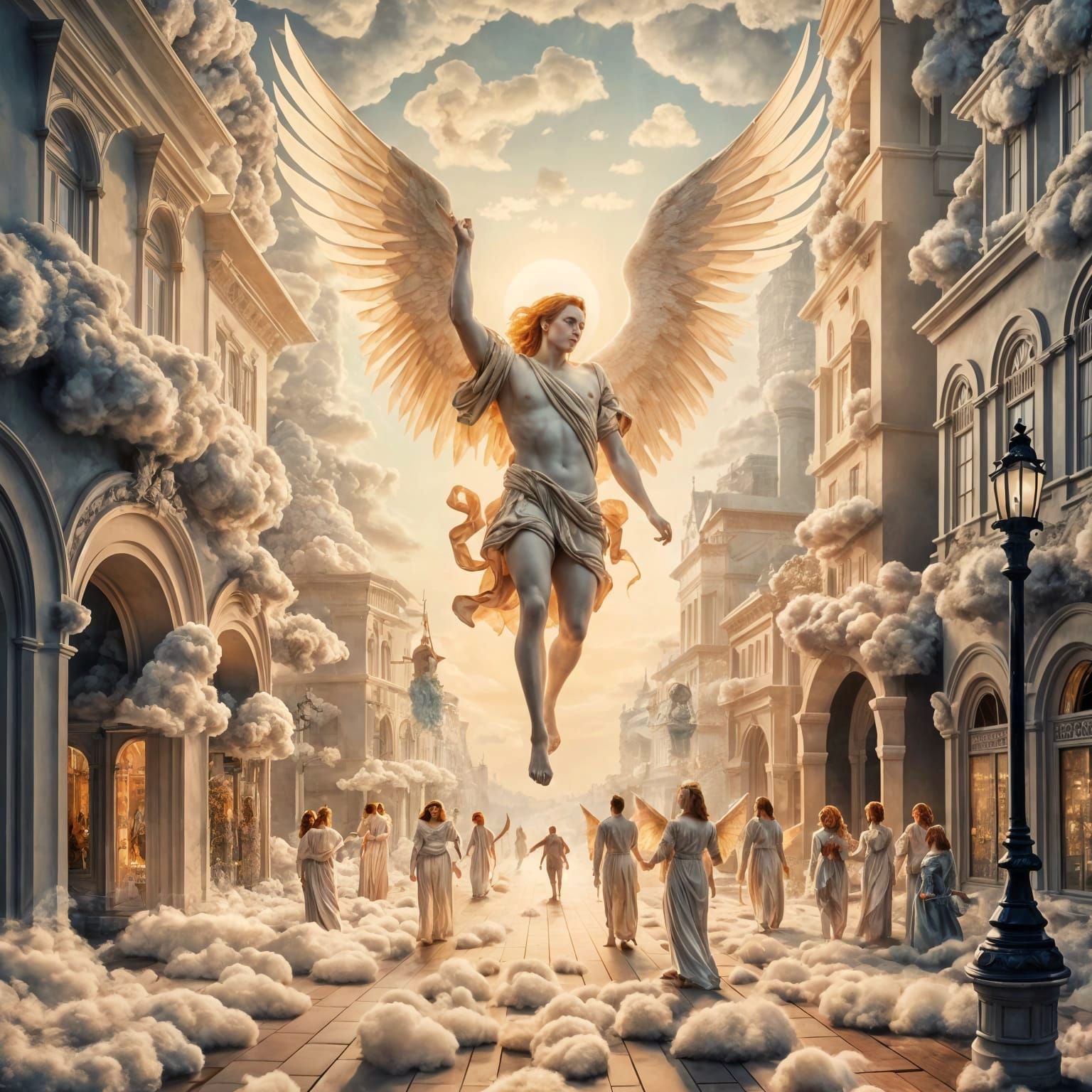 Archangel Michael Lands in Cloud City: Watercolor Painting