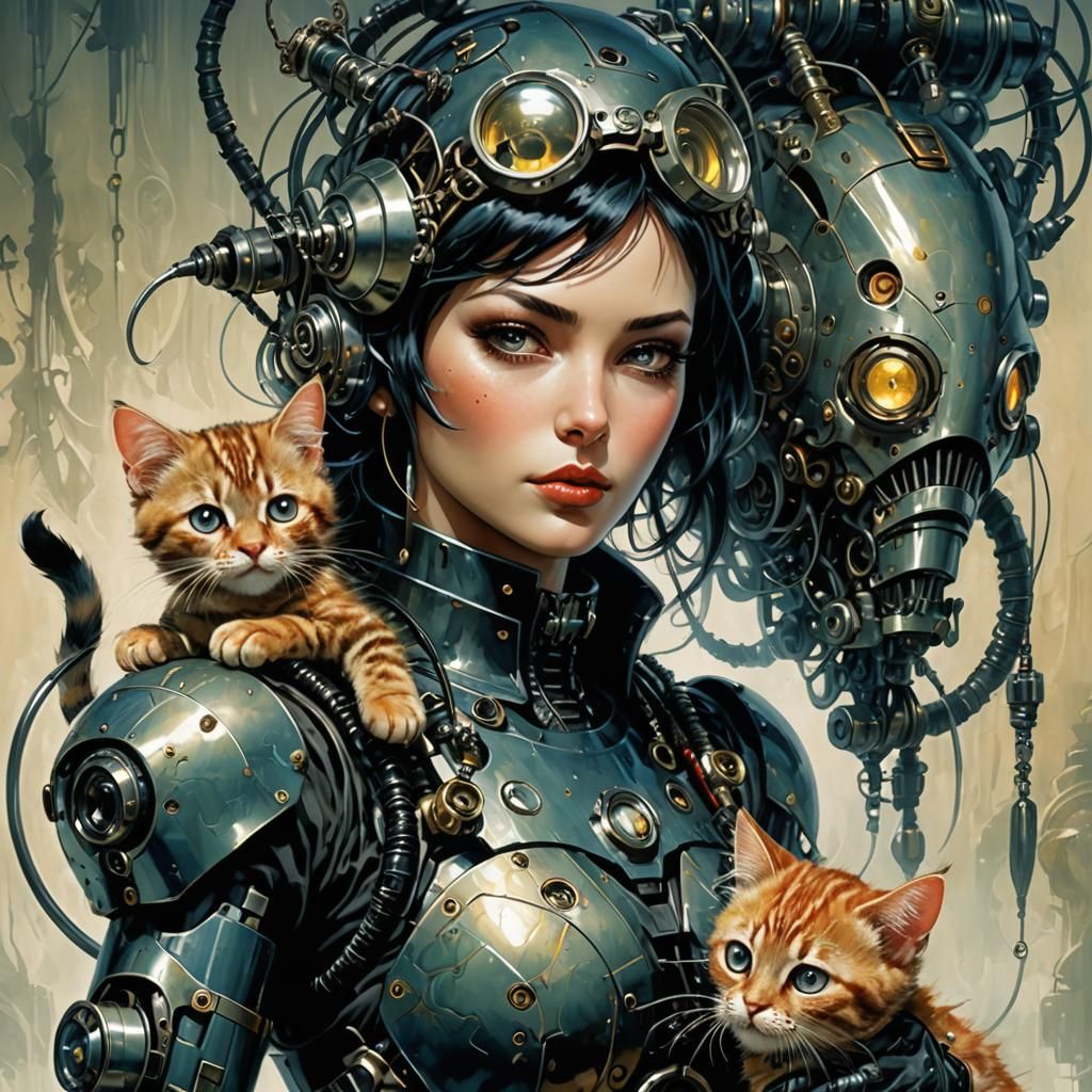Cyberpunk Cat Woman with Robotic Feline Baby
