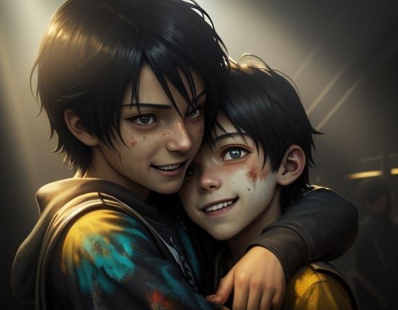 Eerie Embrace: Brothers in Garish Light