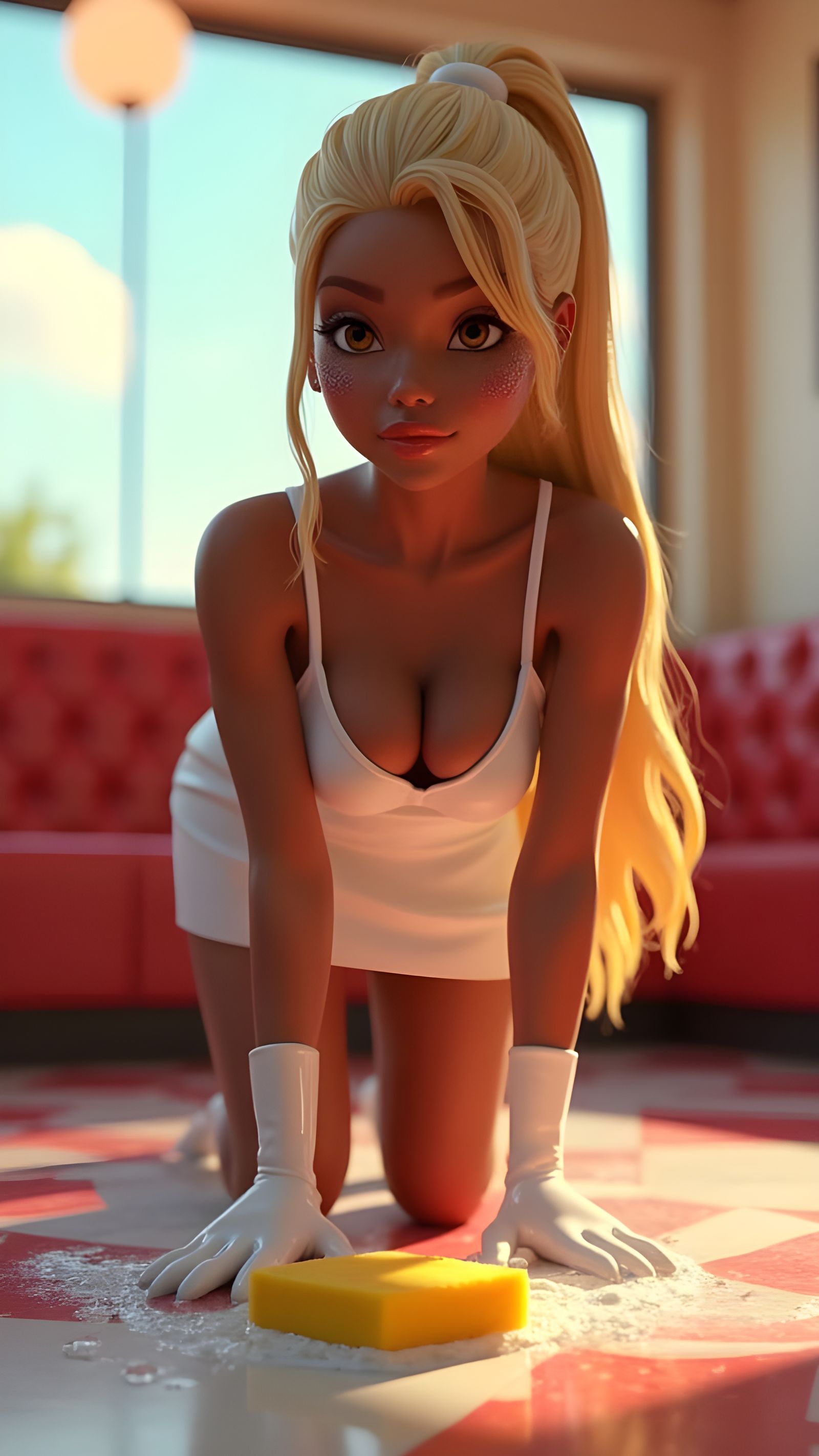 Pixar Style: Woman Scrubbing Diner Floor