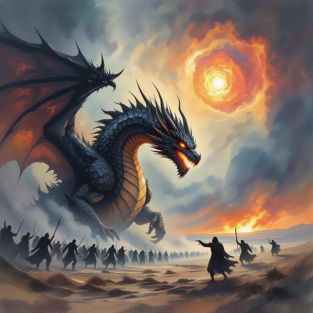 Ancient Dragon Fights Shadow Giants Under Cosmic Sky