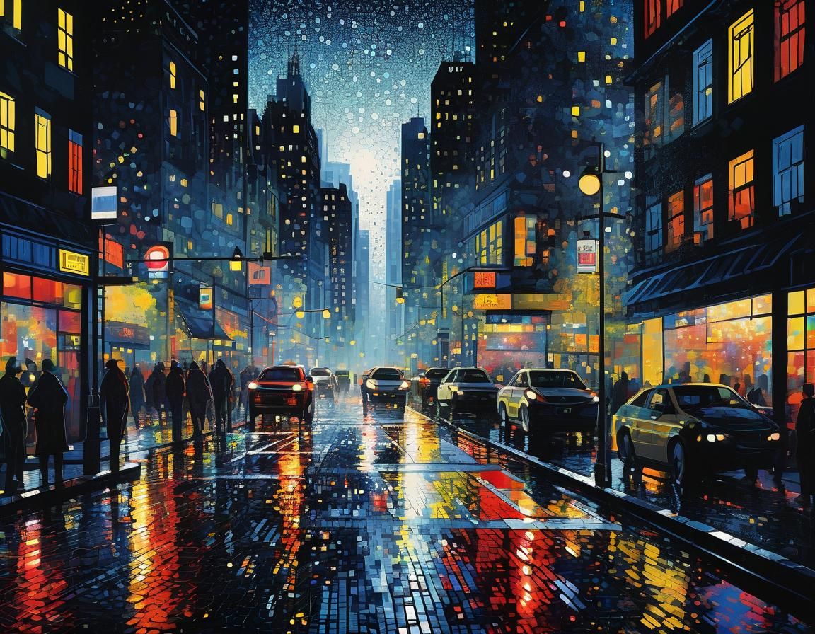 Expressionist Cityscape at Night in Bright Light