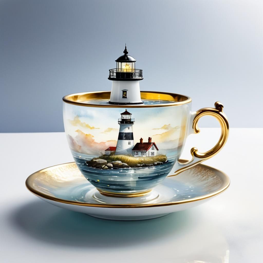 Lighthouse in Teacup: A Watercolor Painting