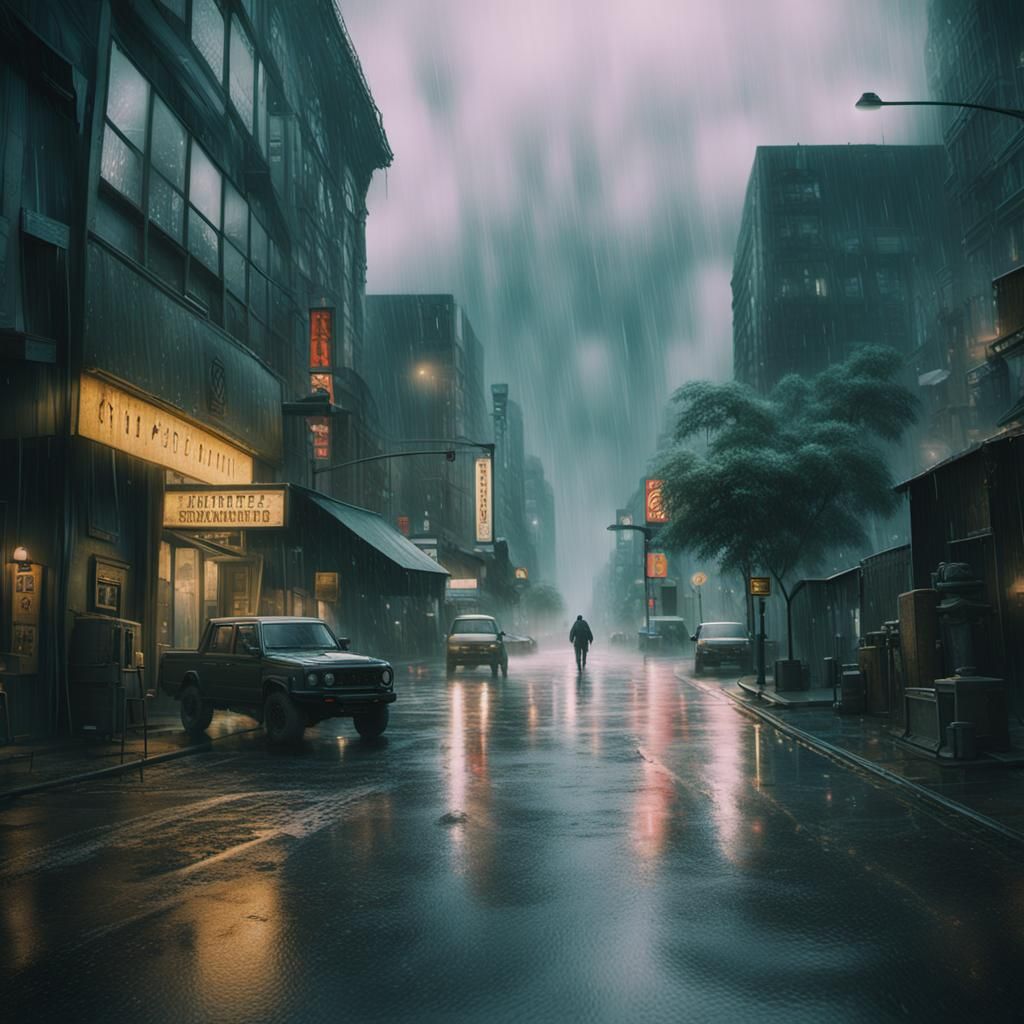 Dramatic Rainy Day: Cinematic Film Still