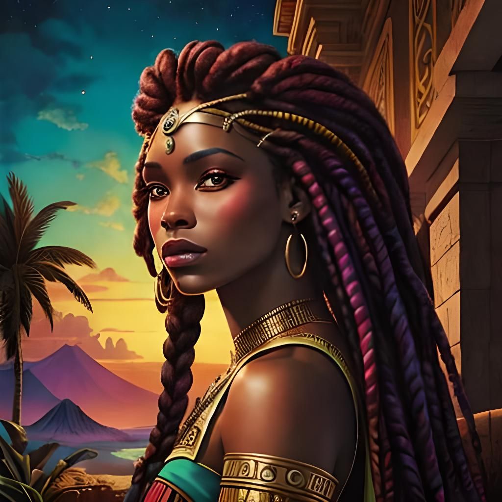 Jamaican Cleopatra in Synthwave Neon Style