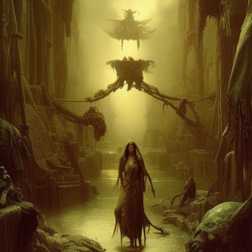 Voodoo Priestess Laughing: Horror Art in Doré Style