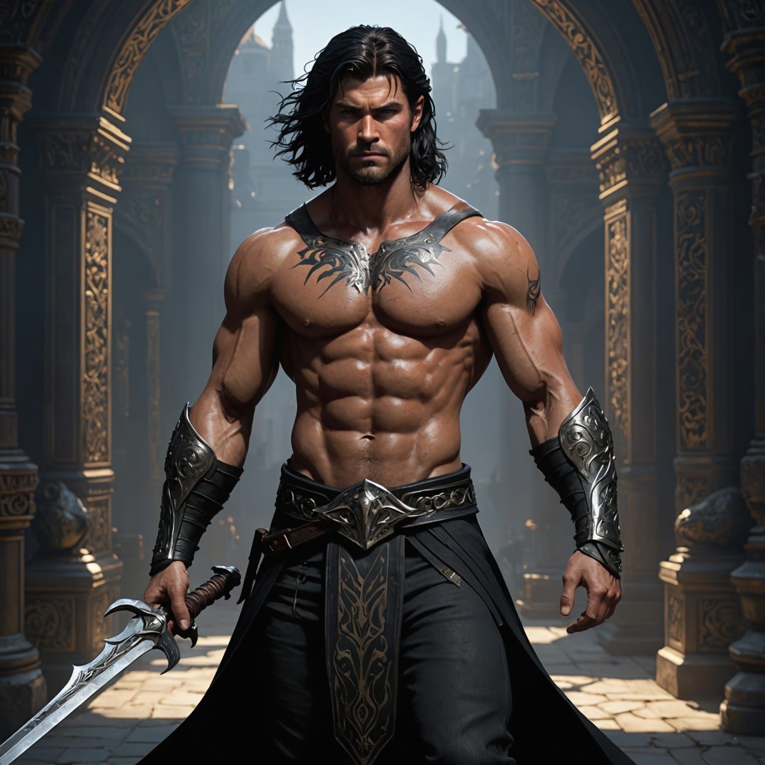 Powerful Half-Elf Warrior in Dark Fantasy Art