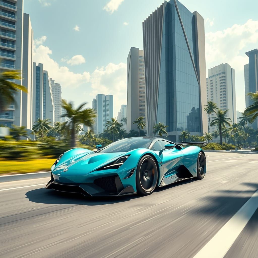 Hyper-Realistic Sports Car in Motion, Amidst Futuristic City...