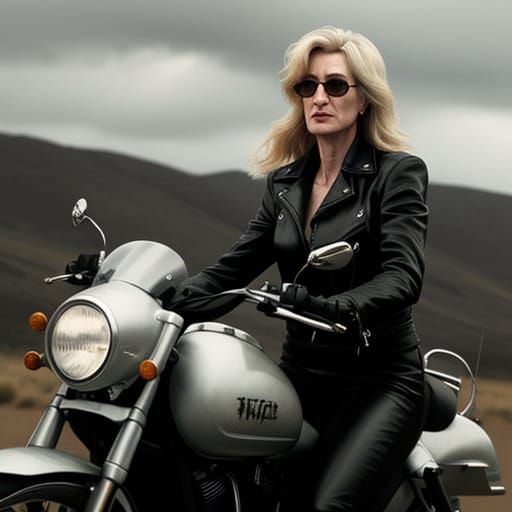 Edgy Urban Portrait of a Woman on a Motorcycle in Black Leat...