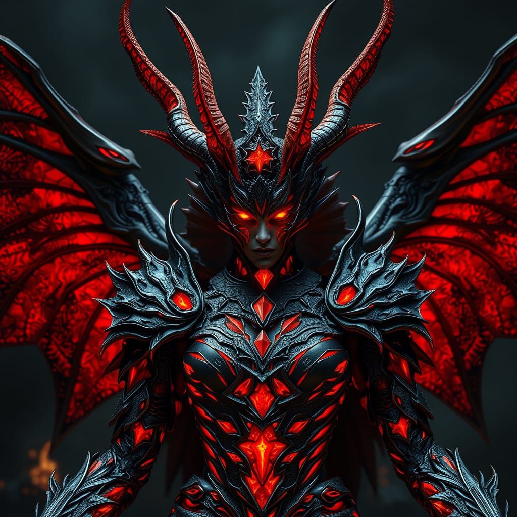 Demonic Queen in Obsidian Armor, Dark Futurism Style