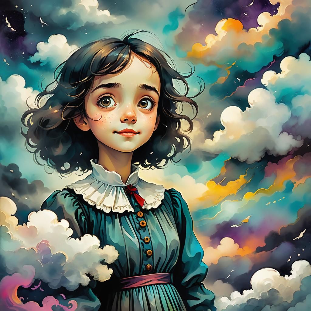 Surreal Girl in Dreamy Steampunk Sky