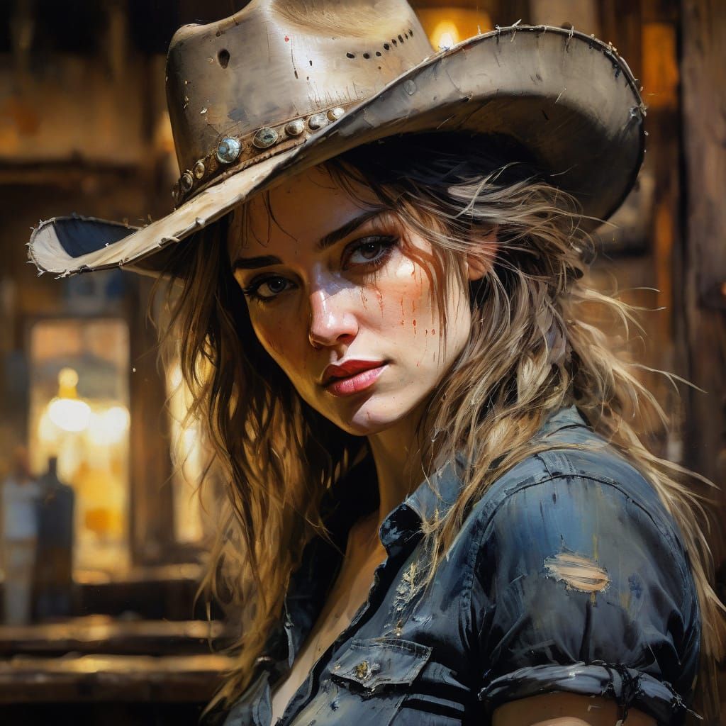 Watercolor Cowgirl Portrait in Rustic Saloon