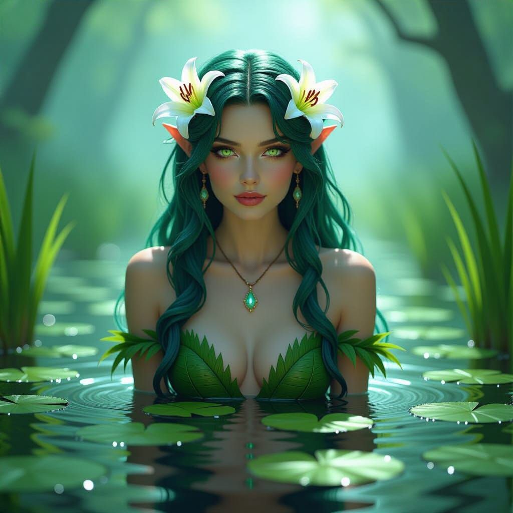 Crystalline Water Woman in Misty Forest