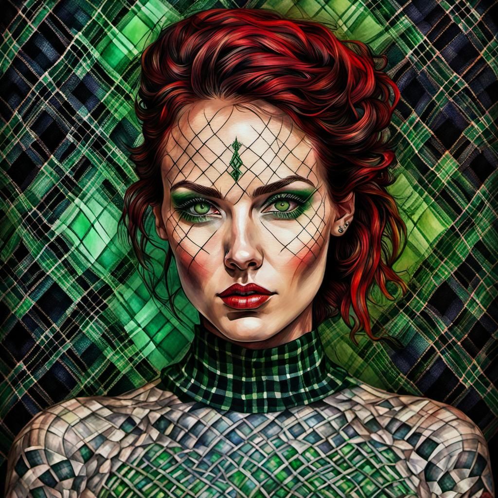 Tattooed Woman with Plaid Pattern in Watercolor Punk