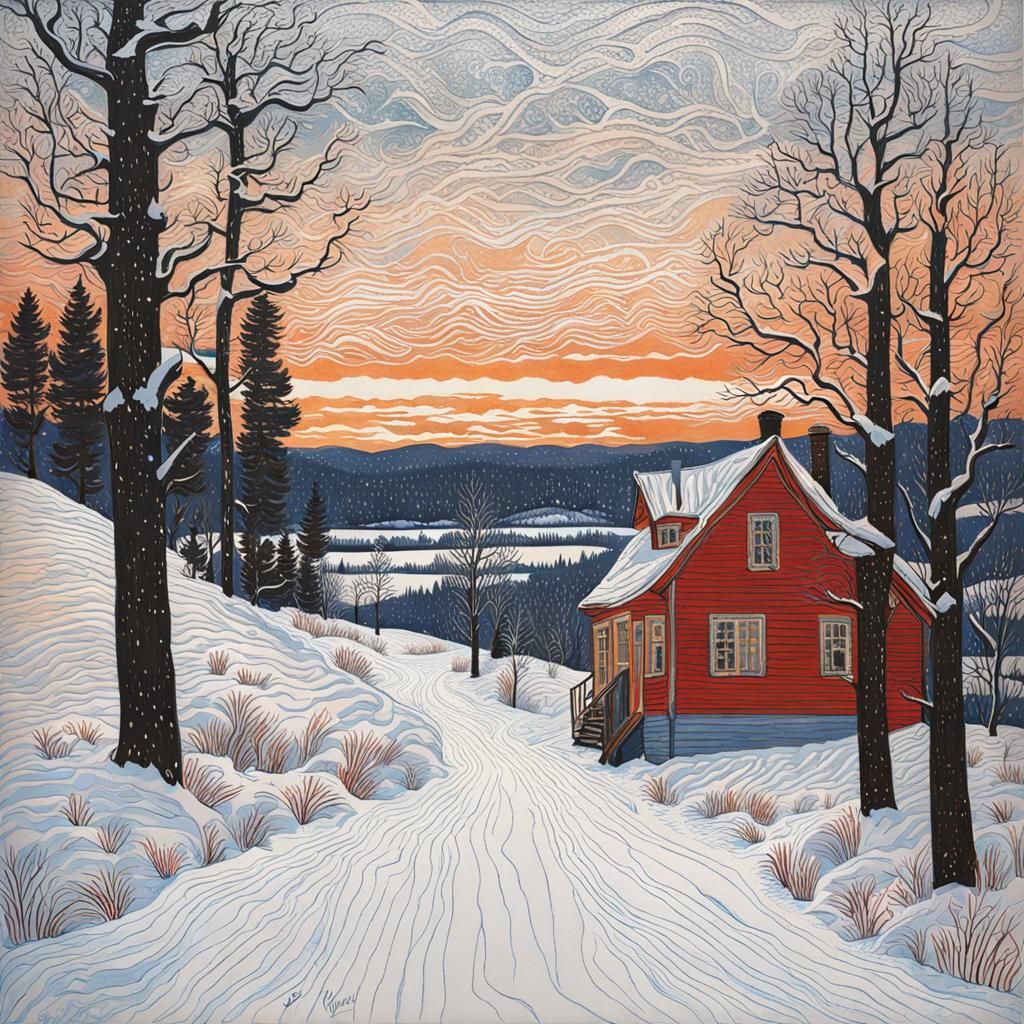 Winter Landscape in Folk Art Style
