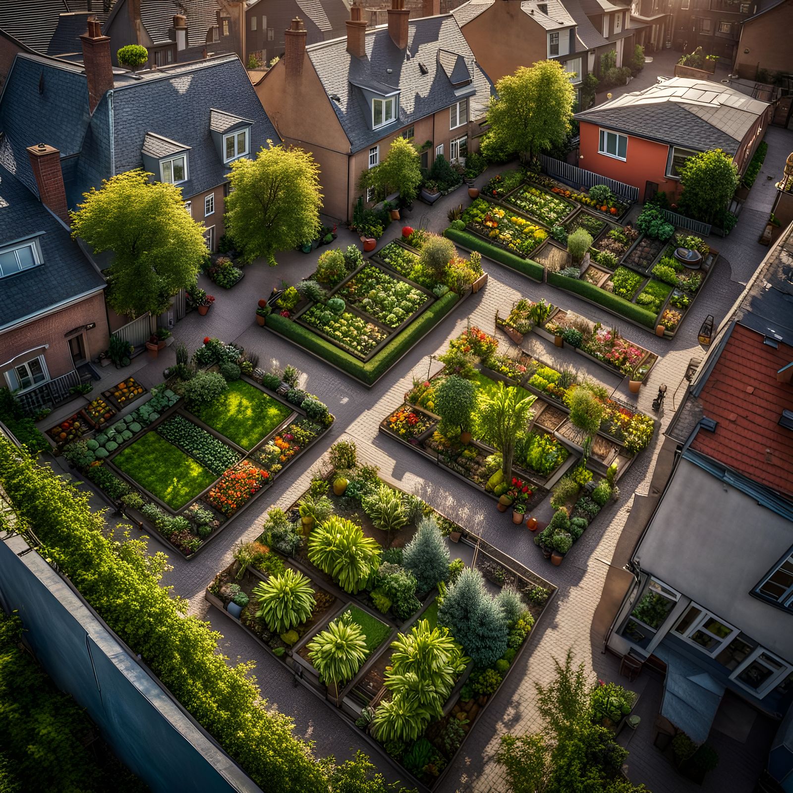 An urban garden with avenues of plants, vegetables, flowers,...