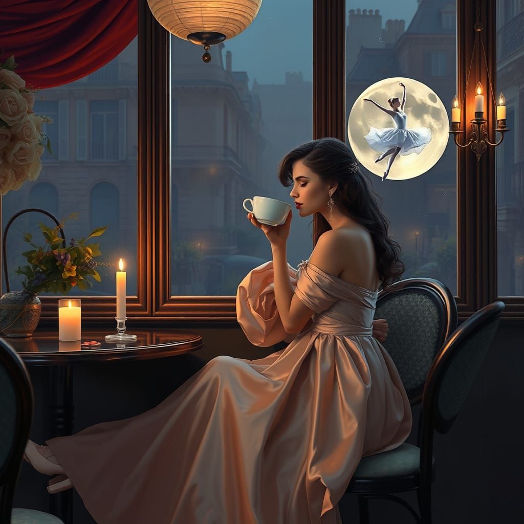 Elegant Woman Sips Tea in Parisian Cafe