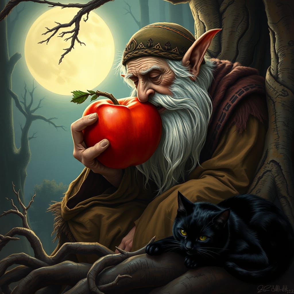 Elderly Elf Kisses Apple in Mystical Forest