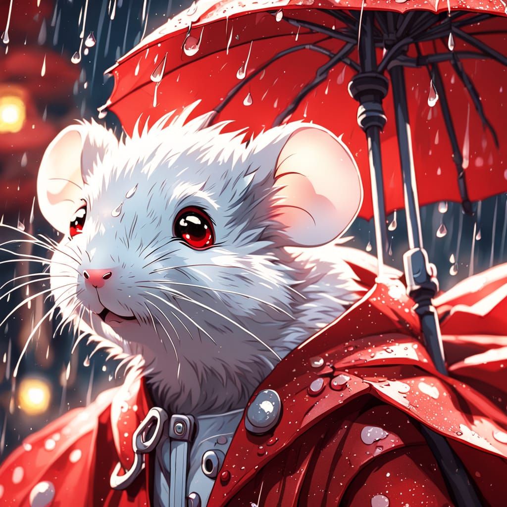 Anime Mouse Under Red Umbrella in Rain