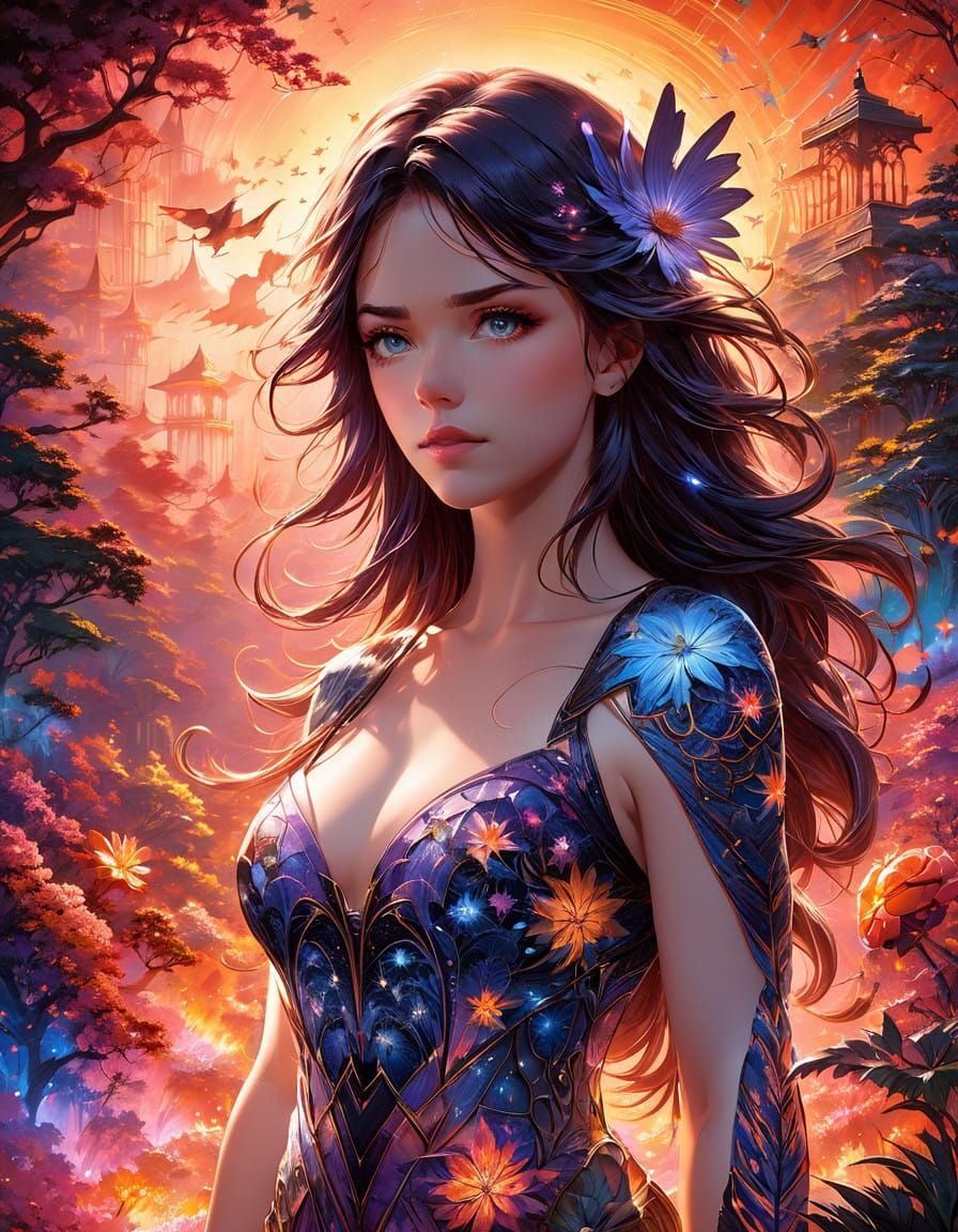 Feminine Cosmic Goddess in Vibrant Nature-Inspired Art
