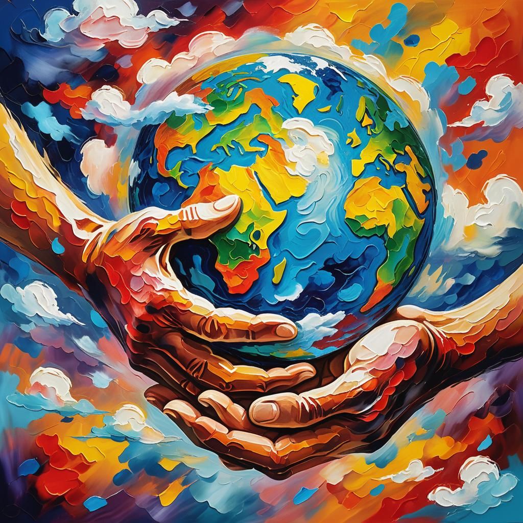 Hands Protect Earth in Neo-Impressionistic Oil Painting