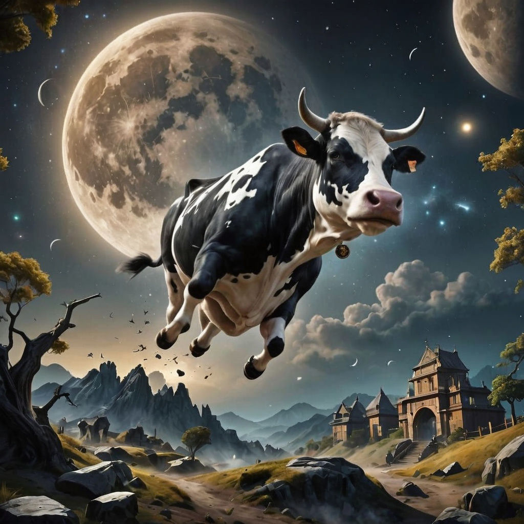 A Jumping Cow Prepares for the Moon Jump in Vibrant, Dreamli...
