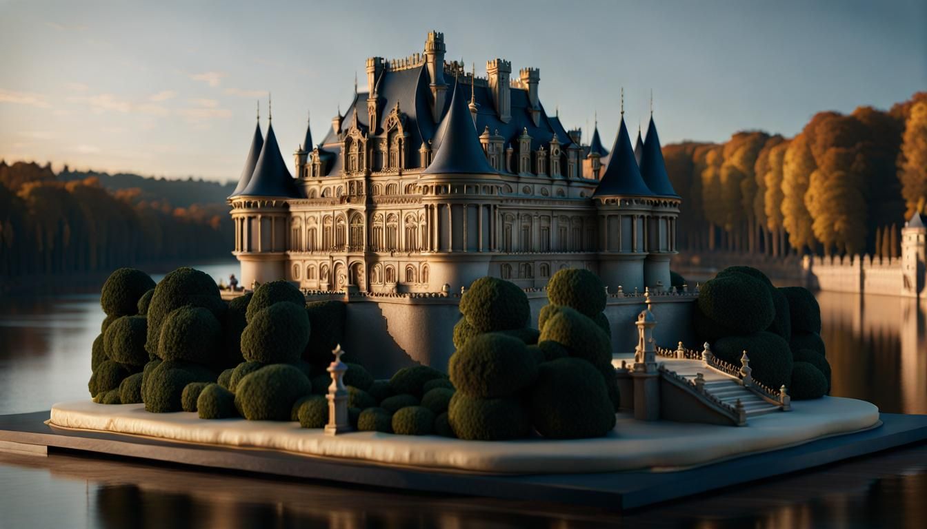 Elaborate Cake Sculpture of Castle in Cinematic Realism