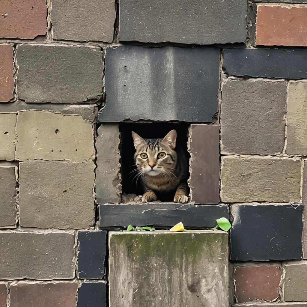 A cat that was chiselled out from between two walls by firef...