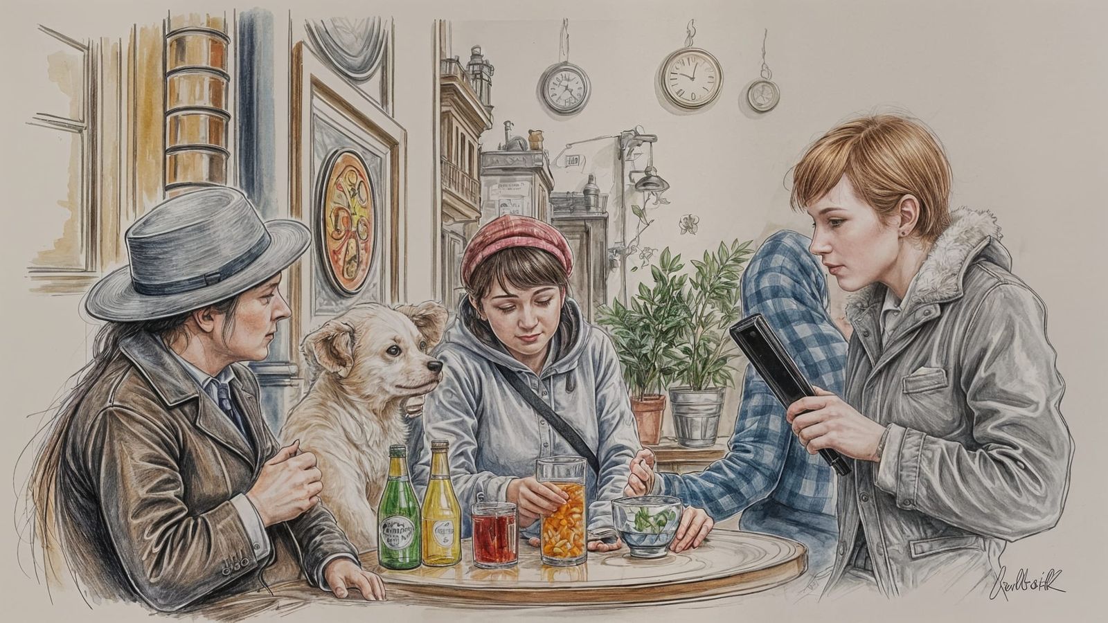 Detailed Charcoal Watercolor of Everyday Life