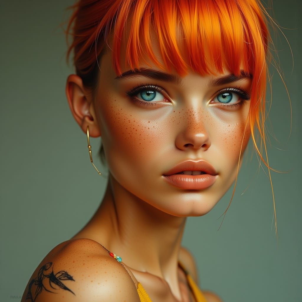 Gynoid Idol with Neon Eyes, Realistic Oil Painting Style