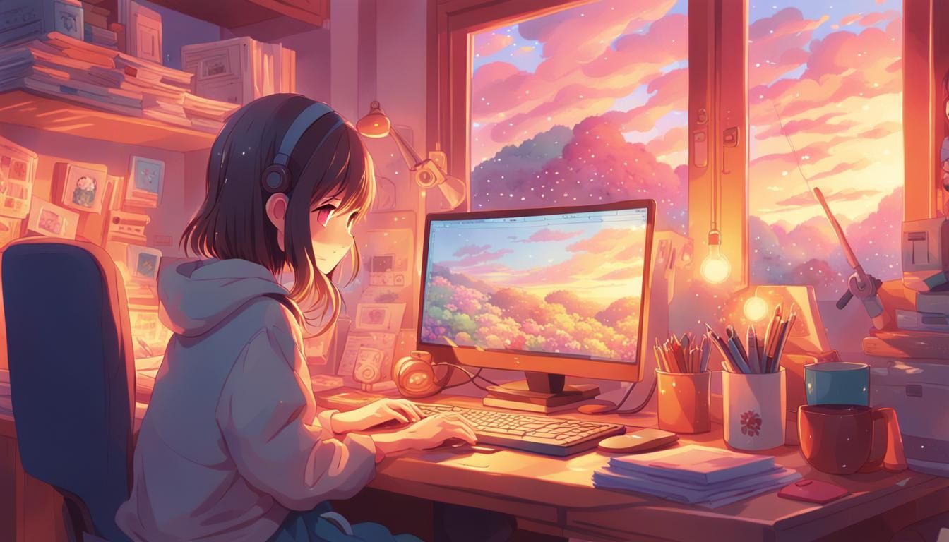 Anime Girl Working at Computer in Cozy Room