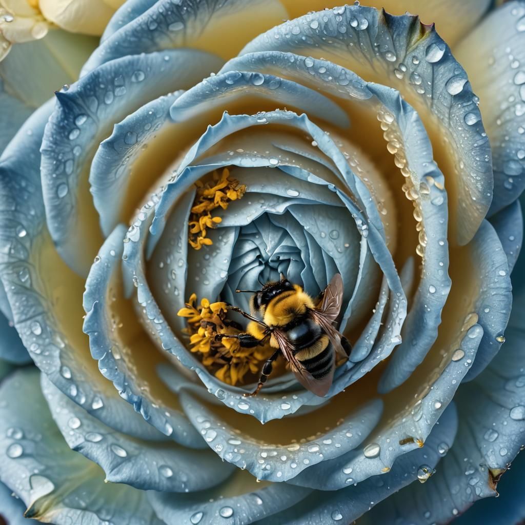 Bumble Bee Sleeping in Blue Rose: Macro Photorealism
