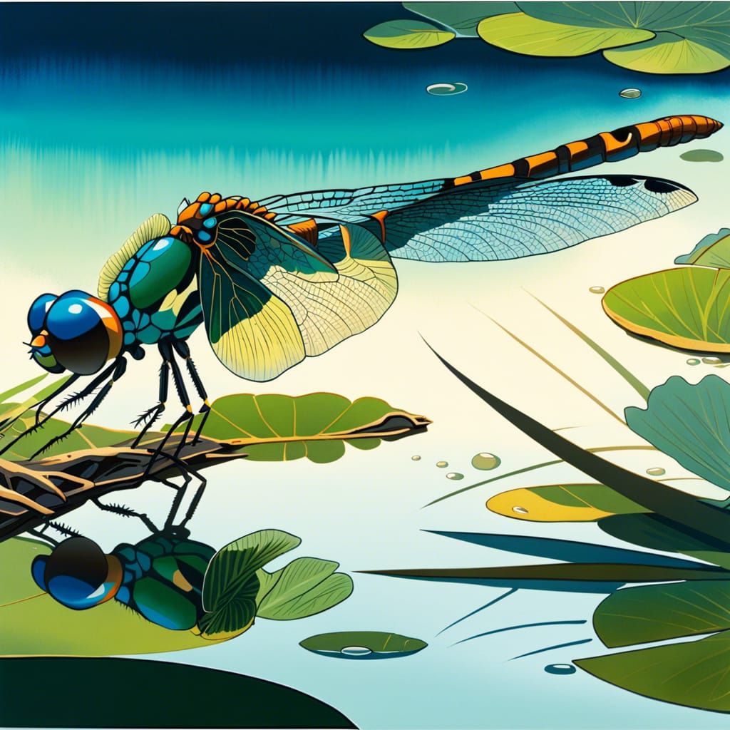 Blue Dragonfly Reflecting, Gouache Painting in Ghibli Style
