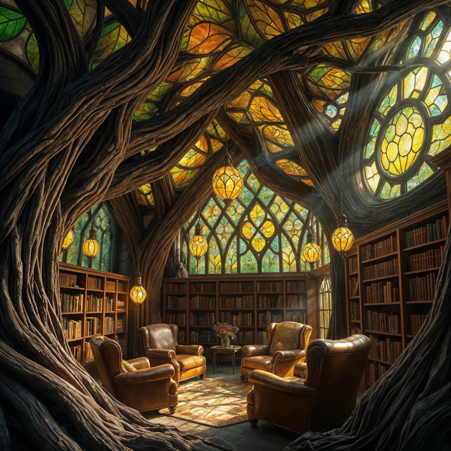 Whimsical Treehouse Library in Vibrant Hues