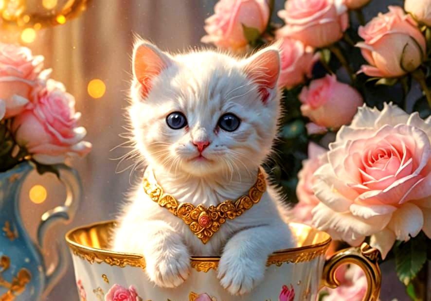 Kitten in Teacup with Roses: Hyperrealistic Art