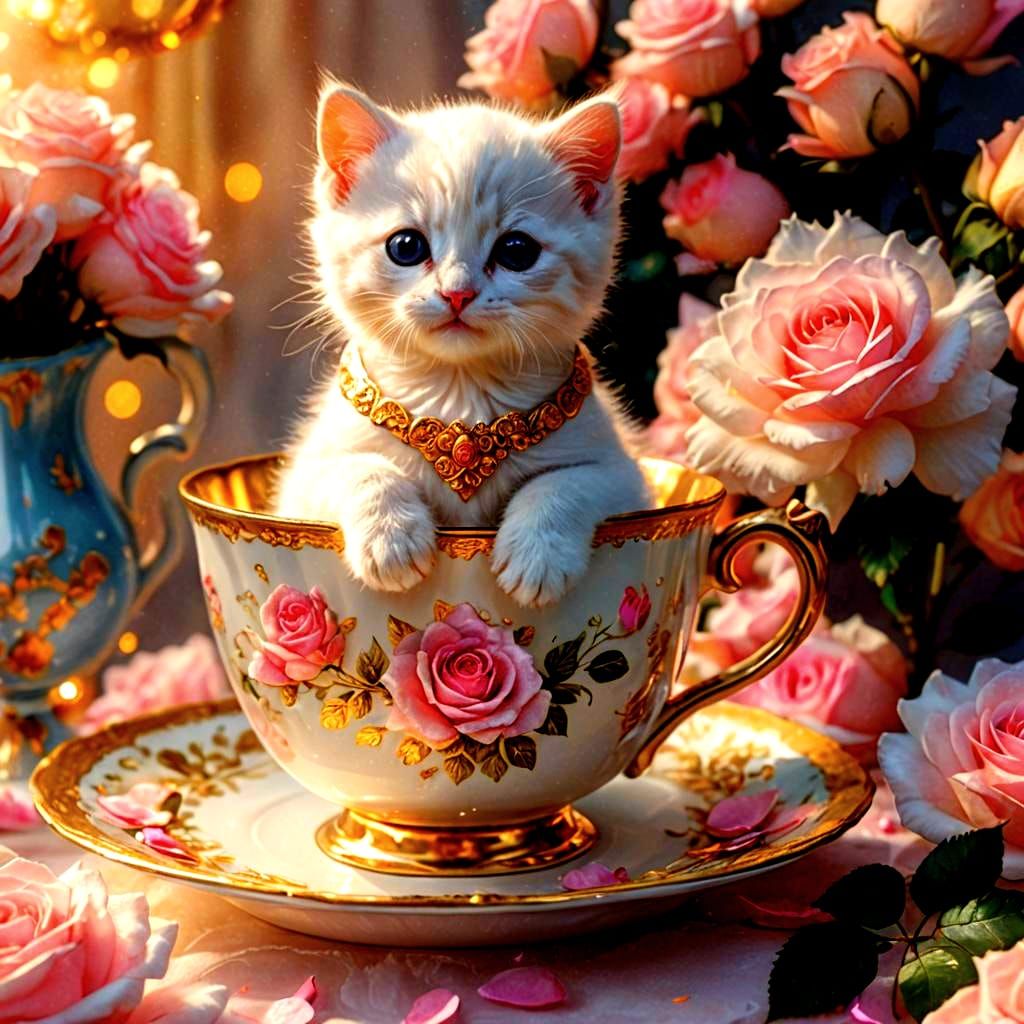 Kitten in Teacup with Roses: Hyperrealistic Digital Art