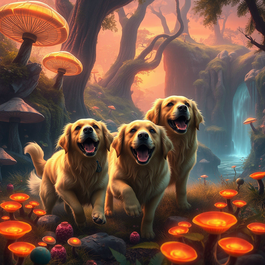 Golden Retrievers in Mystical Forest, Fantasy Art