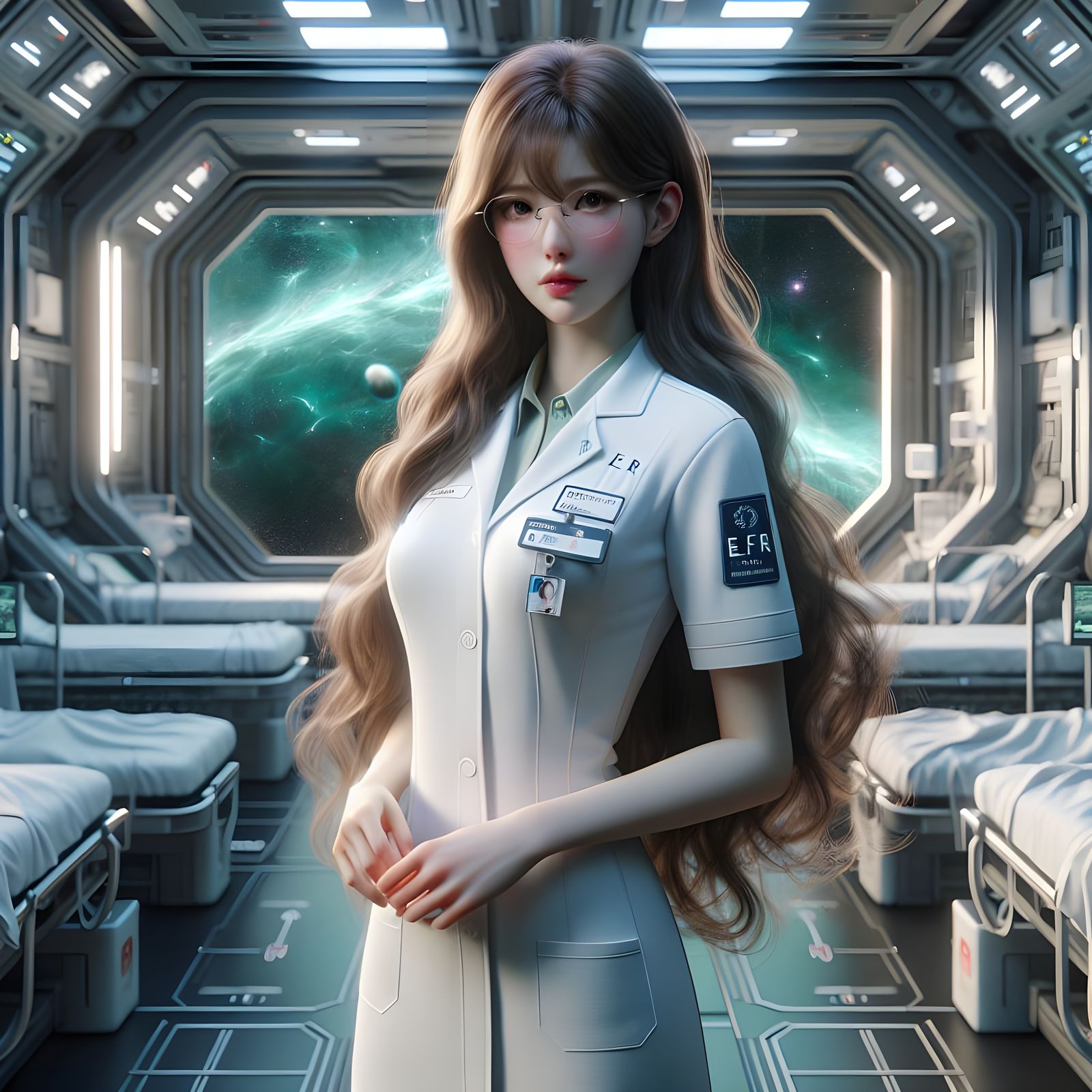 Elegant Futuristic Medical Officer in Starship Medical Bay