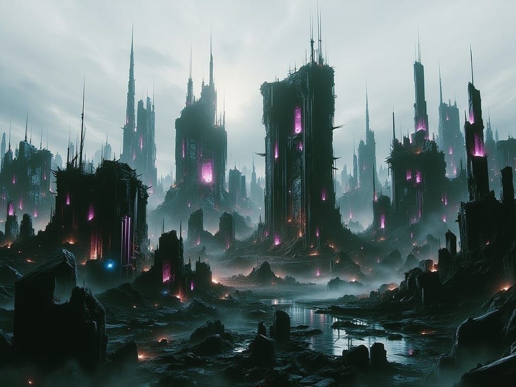 Dystopian Cityscape in Purple Cyberpunk Style