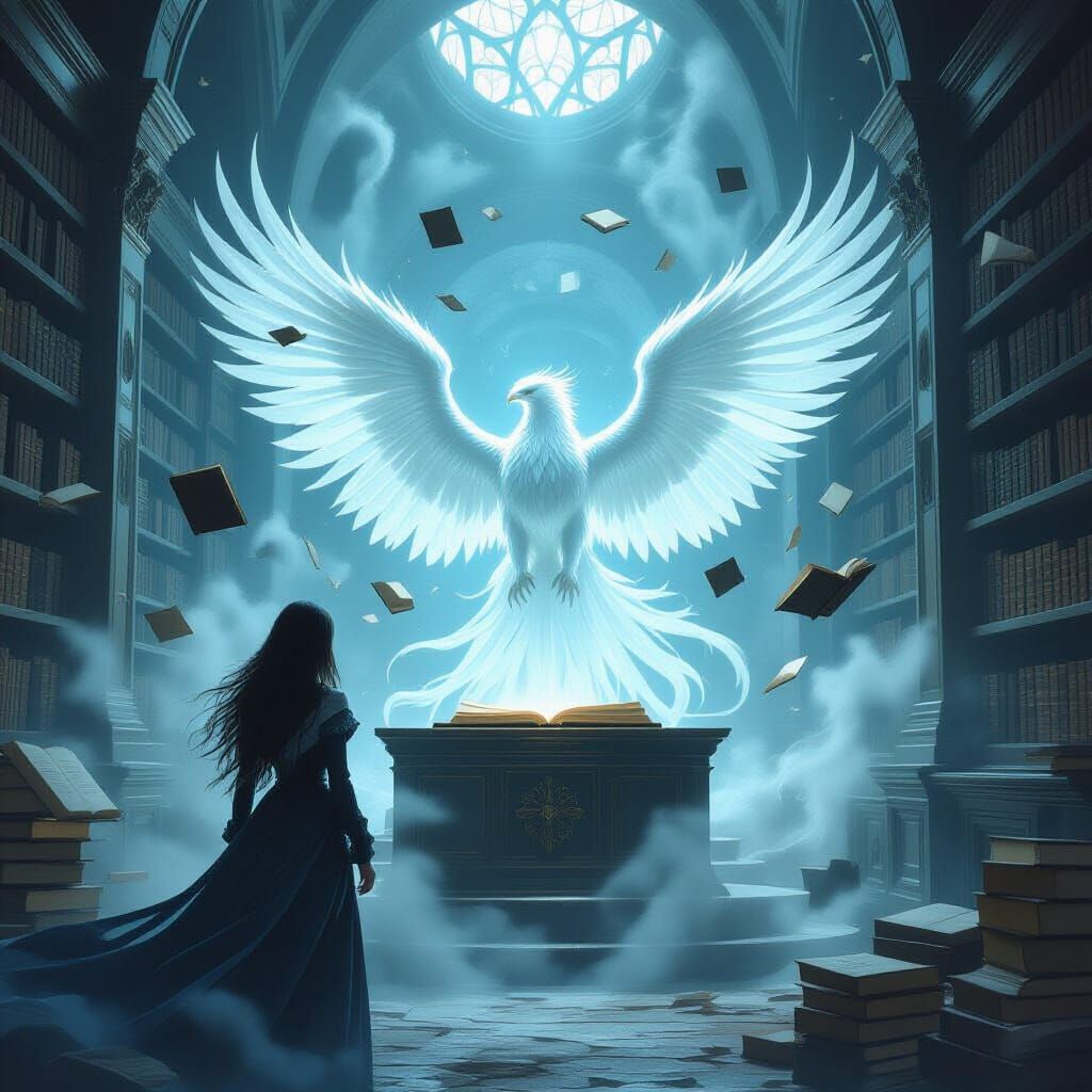 Spectral Griffin Guards Mist-Shrouded Library in Gothic Fant...