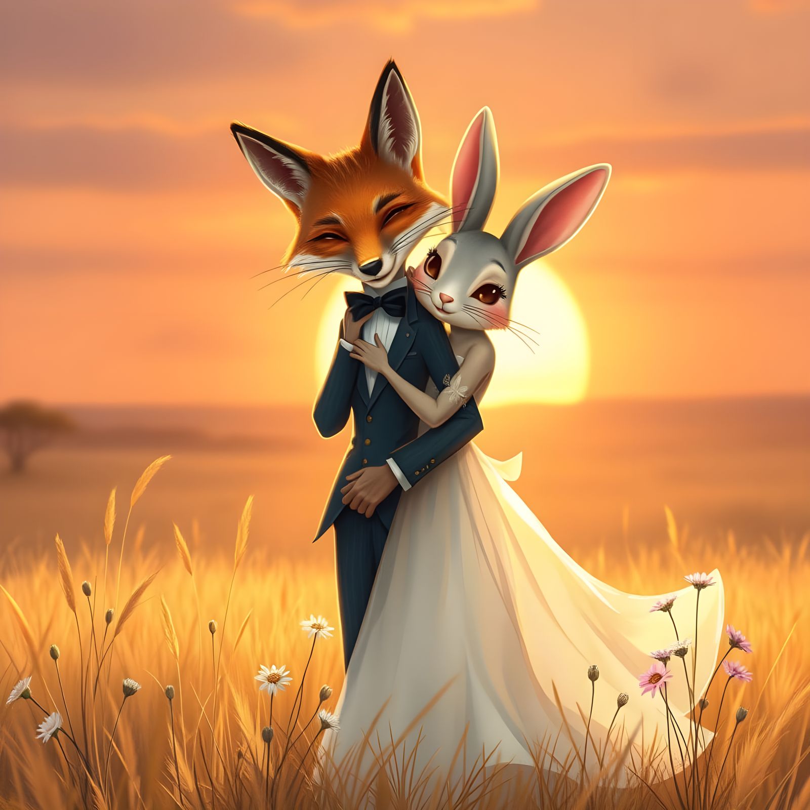 Whimsical Fox and Rabbit in Sunset Savannah