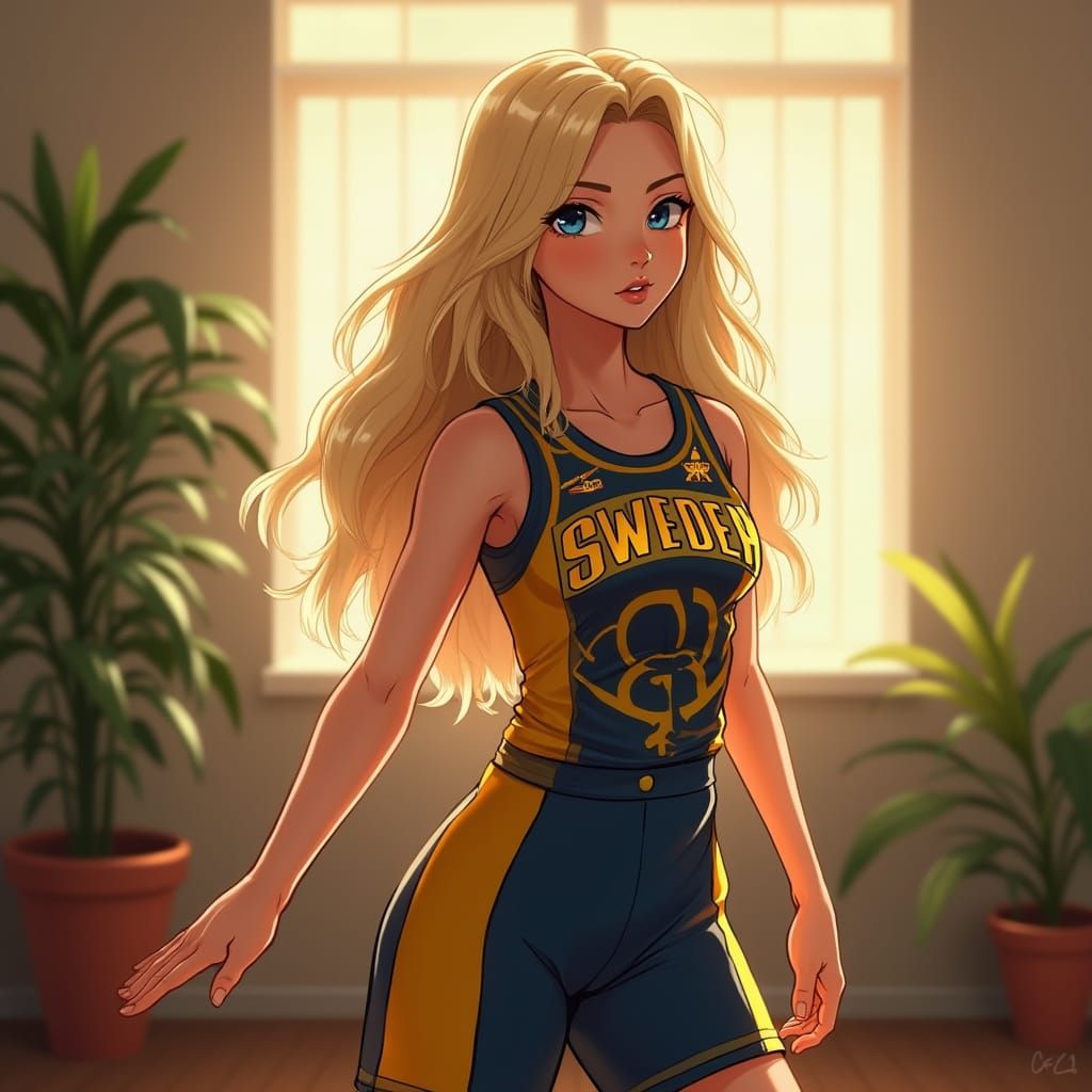 Swedish Woman in Anime Style Jersey Dress