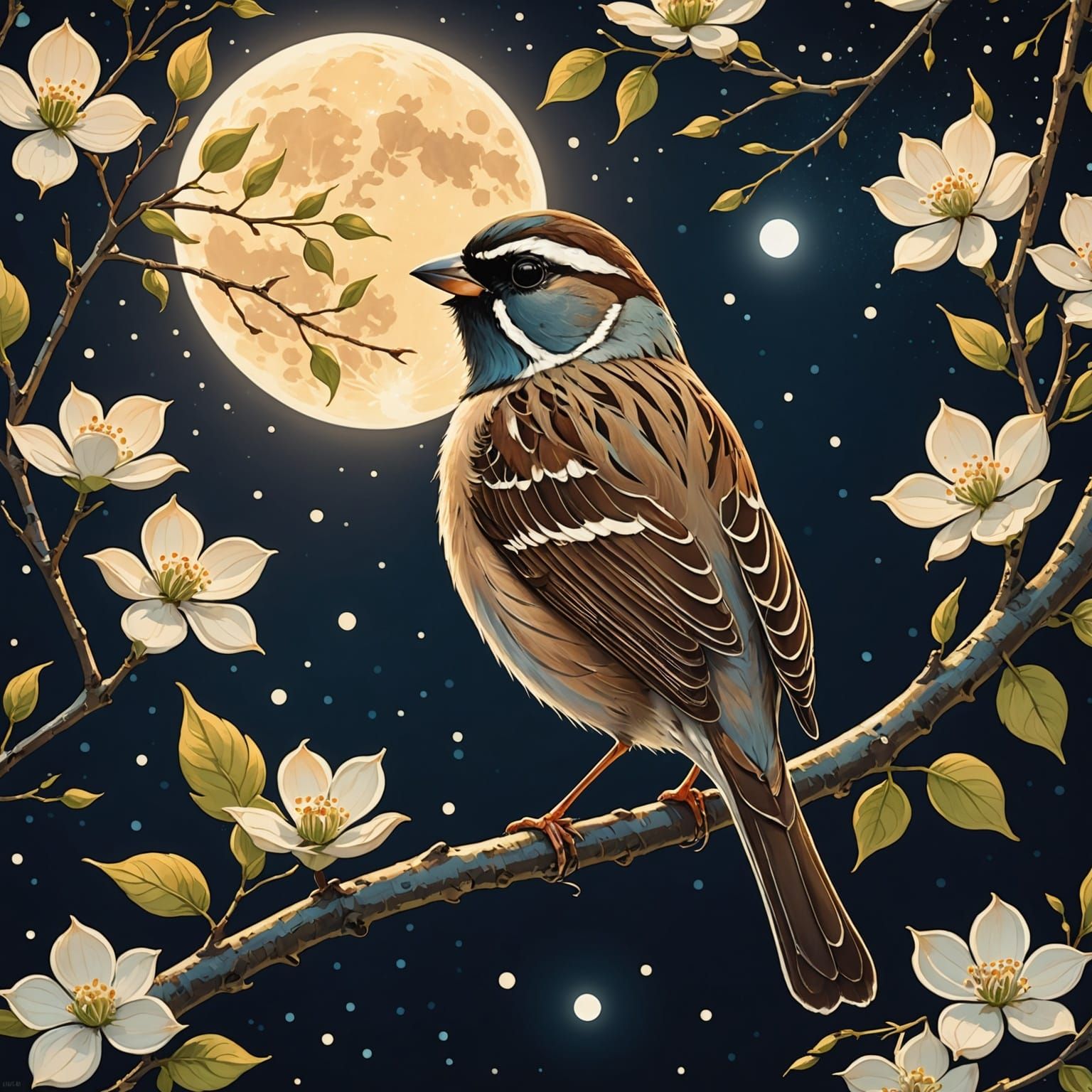 Sparrow with Iridescent Stardust in Klimt Style