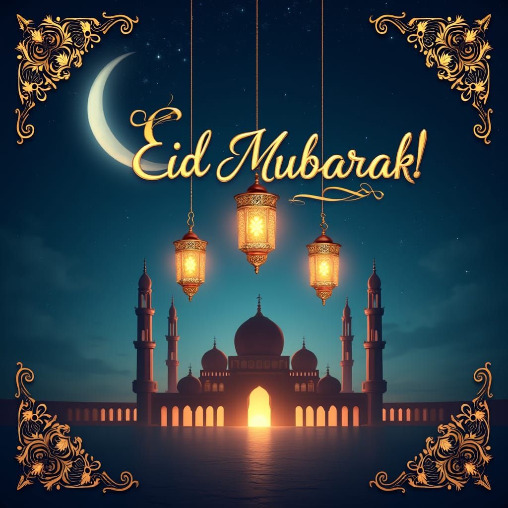 Golden Eid Greeting Card Under Starry Night Sky