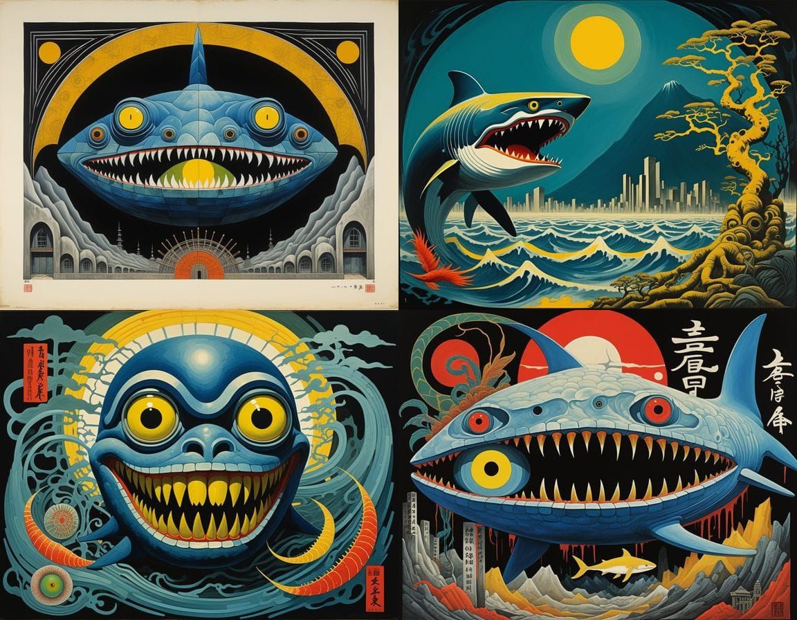 Mutant Peacock Shark Hybrid in Surreal Japanese Art Deco Hor...