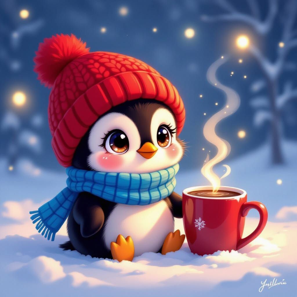 Cute Chibi Penguin in Snow with Hot Chocolate