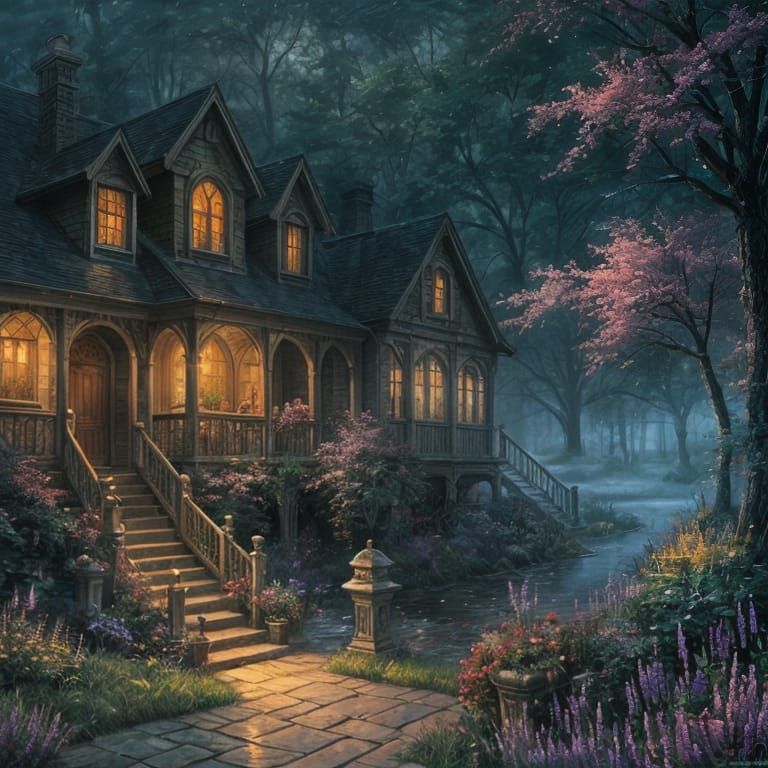 Whimsical Fantasy Estate in Ethereal Mist