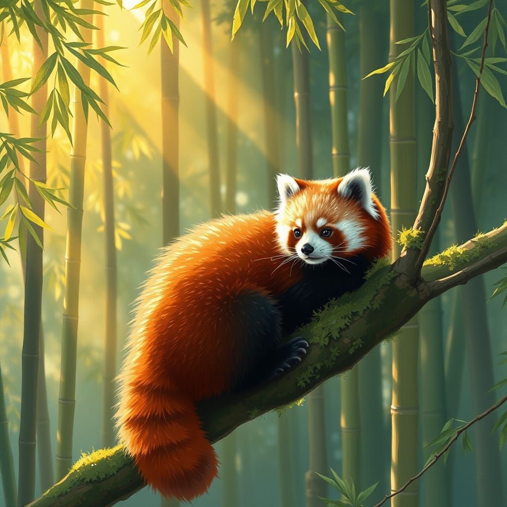 Fluffy Red Panda in Sun-Dappled Bamboo Forest