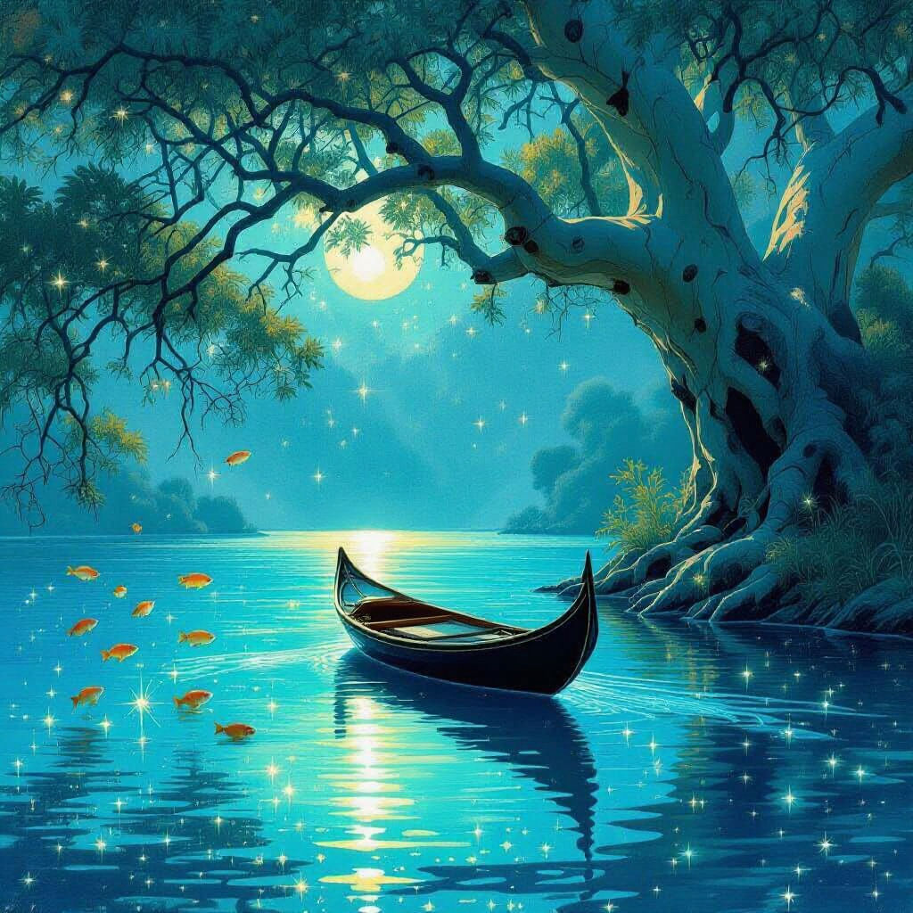 Ancient Eucalyptus by Bioluminescent Lake with Leaping Trout