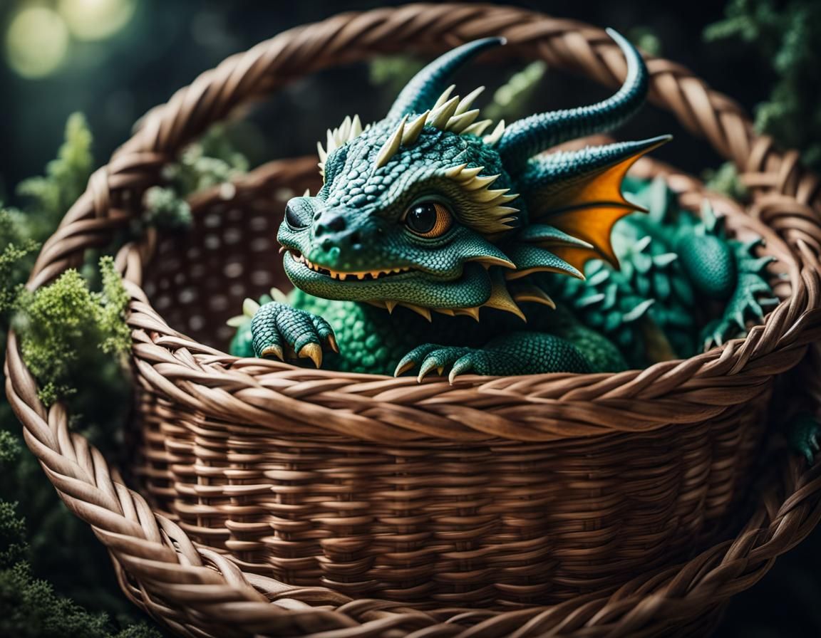 Adorable Baby Dragon Napping in a Basket